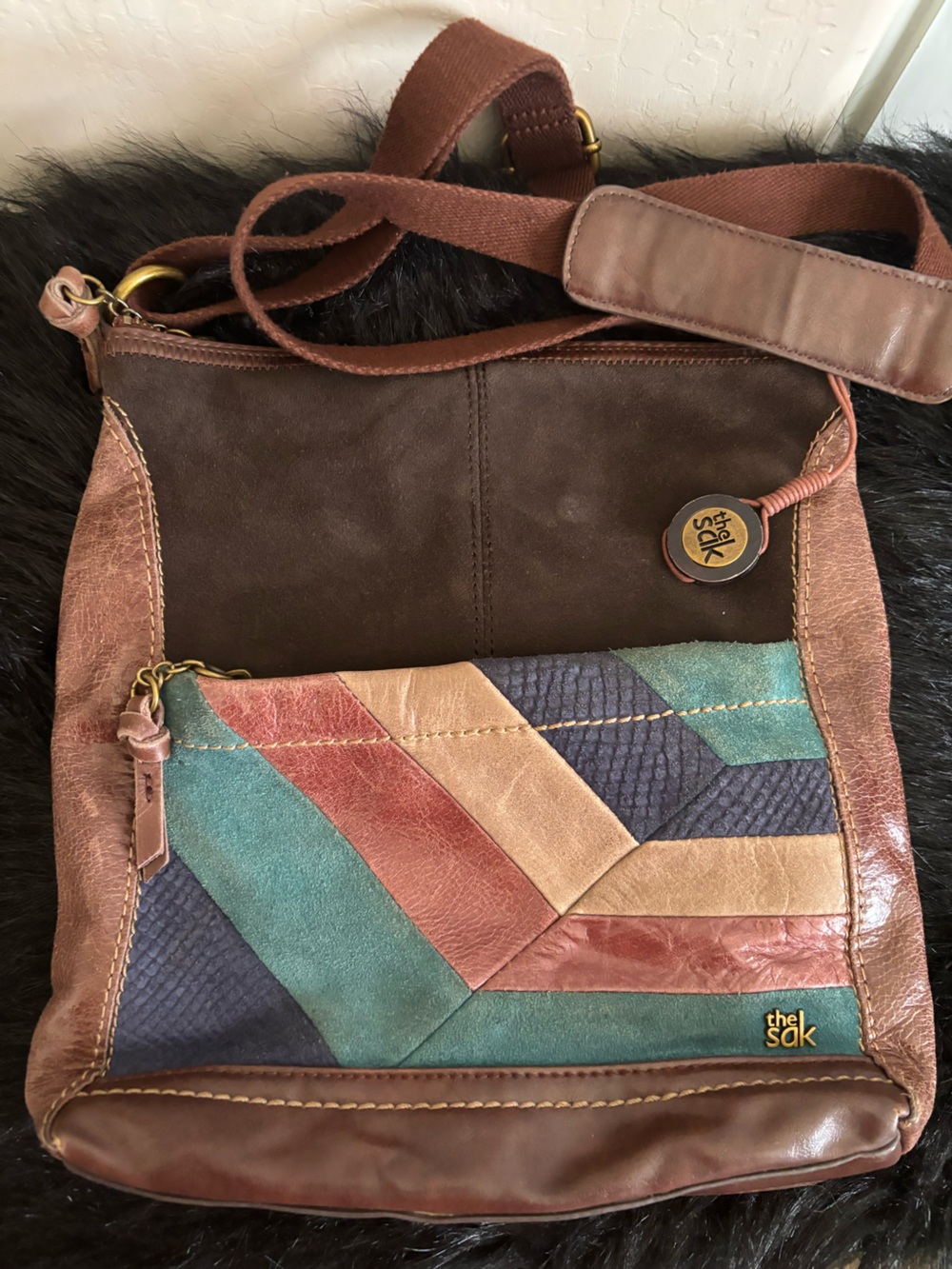 Vintage The Sak Multicolor Patchwork Leather Crossbody Bag,Brown/Tan/Teal/Red/
